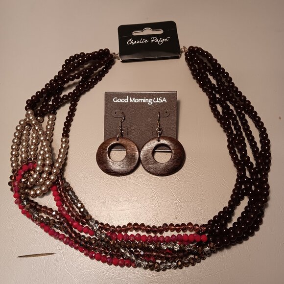 Charlie Paige asymmetric multicolor multi-strand beaded necklace w/ earrings - Picture 1 of 11